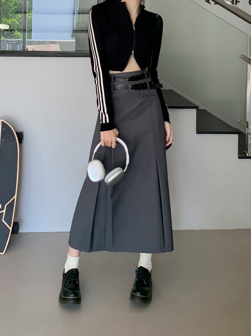 Grey Women Midi Skirt by Daisy Clothing with Double Belts | Classic Basic Fashion Piece