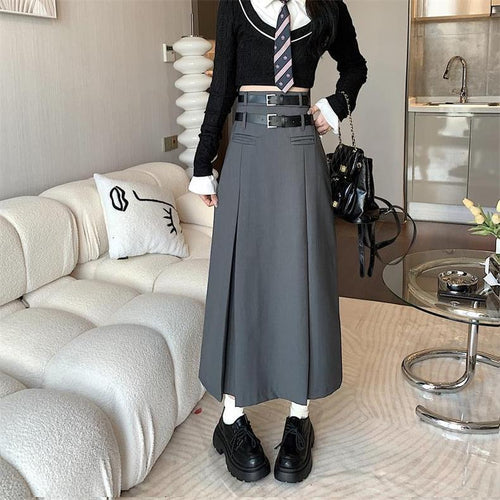 Grey Women Midi Skirt by Daisy Clothing with Double Belts | Classic Basic Fashion Piece