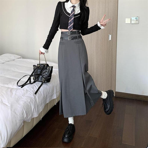 Grey Women Midi Skirt by Daisy Clothing with Double Belts | Classic Basic Fashion Piece
