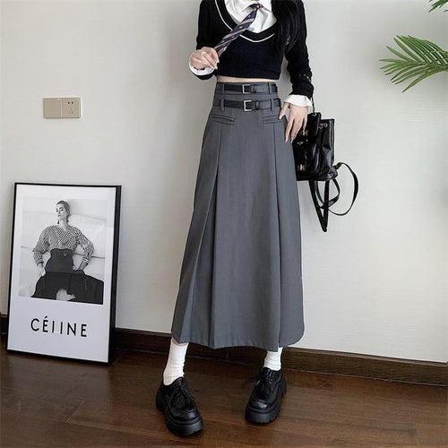 Grey Women Midi Skirt by Daisy Clothing with Double Belts | Classic Basic Fashion Piece