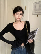 Elegant U-Shape Neck Long Sleeves Cardigan Top – Knitted Cotton Tops | Classic Basic Fashion Piece