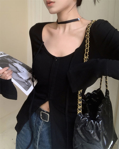 Elegant U-Shape Neck Long Sleeves Cardigan Top – Knitted Cotton Tops | Classic Basic Fashion Piece