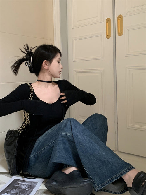 Elegant U-Shape Neck Long Sleeves Cardigan Top – Knitted Cotton Tops | Classic Basic Fashion Piece