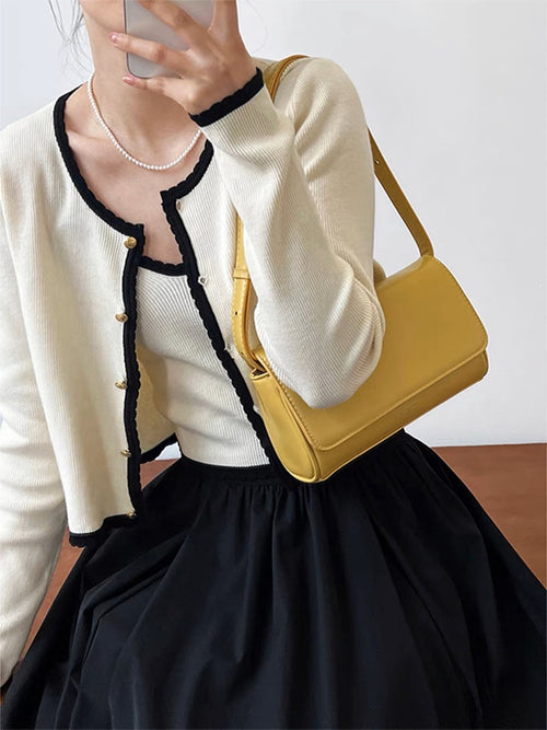 Women Elegant Scoop Neck Long Sleeves Cropped Cardigan – Knitted Cotton w/ Notched Buttons Cardigan Tops Jacket | This set includes 1 cardigan and 1 top inside