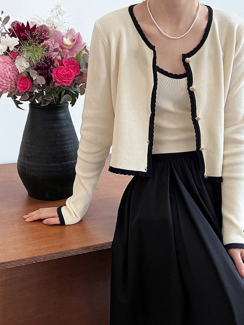 Women Elegant Scoop Neck Long Sleeves Cropped Cardigan – Knitted Cotton w/ Notched Buttons Cardigan Tops Jacket | This set includes 1 cardigan and 1 top inside