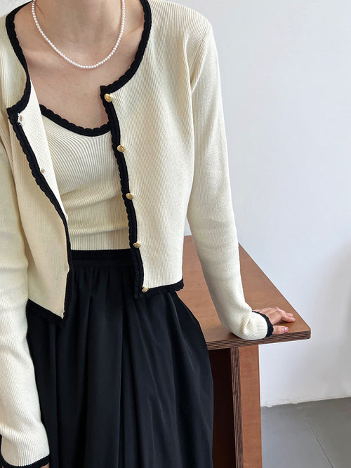 Women Elegant Scoop Neck Long Sleeves Cropped Cardigan – Knitted Cotton w/ Notched Buttons Cardigan Tops Jacket | This set includes 1 cardigan and 1 top inside