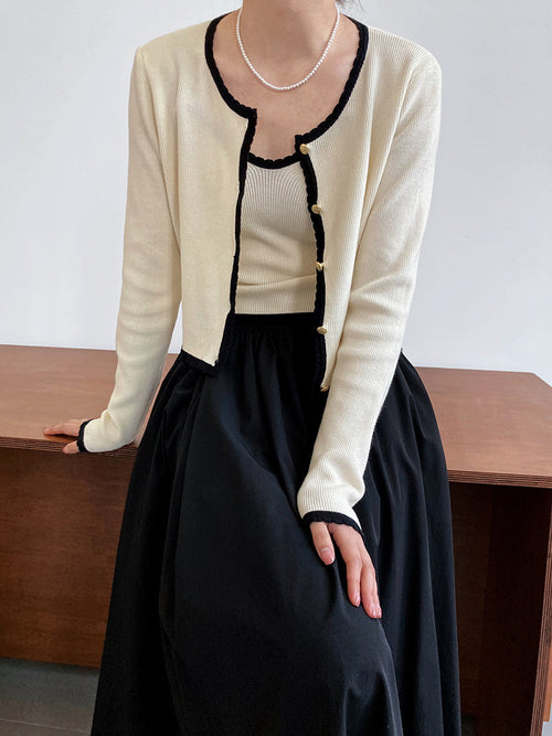 Women Elegant Scoop Neck Long Sleeves Cropped Cardigan – Knitted Cotton w/ Notched Buttons Cardigan Tops Jacket | This set includes 1 cardigan and 1 top inside