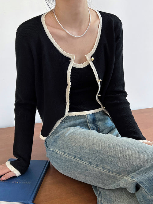 Women Elegant Scoop Neck Long Sleeves Cropped Cardigan – Knitted Cotton w/ Notched Buttons Cardigan Tops Jacket | This set includes 1 cardigan and 1 top inside