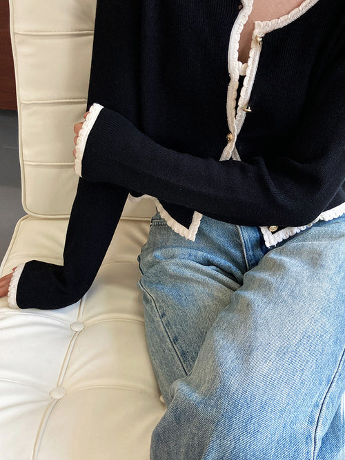Women Elegant Scoop Neck Long Sleeves Cropped Cardigan – Knitted Cotton w/ Notched Buttons Cardigan Tops Jacket | This set includes 1 cardigan and 1 top inside