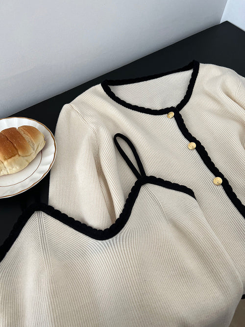Women Elegant Scoop Neck Long Sleeves Cropped Cardigan – Knitted Cotton w/ Notched Buttons Cardigan Tops Jacket | This set includes 1 cardigan and 1 top inside