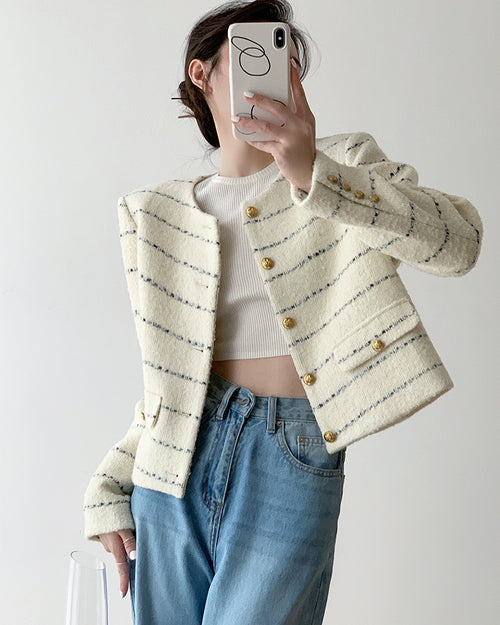Cream Elegant Boucle Tweed Blazer Jacket by Daisy Clothing - Trendy Vintage Style Outfit