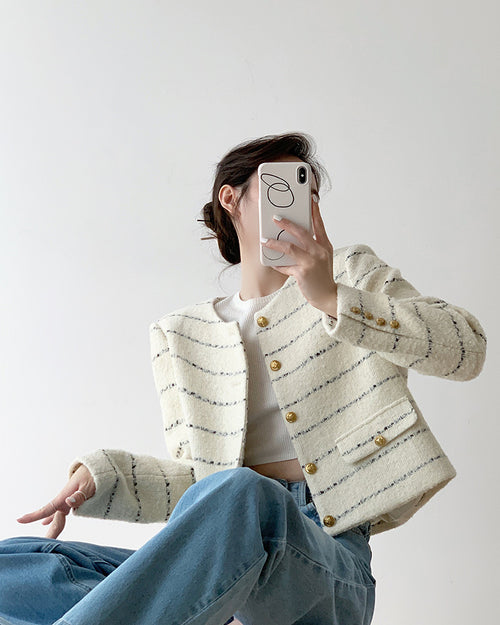 Cream Elegant Boucle Tweed Blazer Jacket by Daisy Clothing - Trendy Vintage Style Outfit