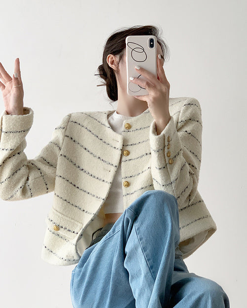 Cream Elegant Boucle Tweed Blazer Jacket by Daisy Clothing - Trendy Vintage Style Outfit
