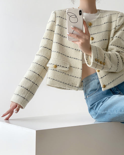 Cream Elegant Boucle Tweed Blazer Jacket by Daisy Clothing - Trendy Vintage Style Outfit