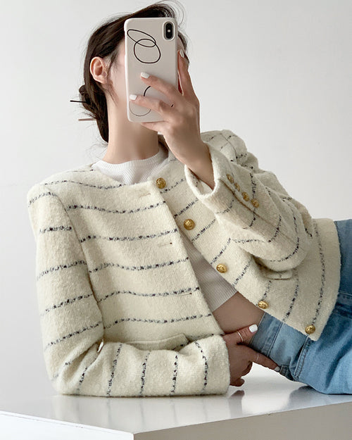 Cream Elegant Boucle Tweed Blazer Jacket by Daisy Clothing - Trendy Vintage Style Outfit
