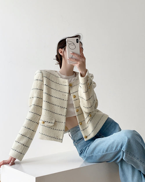Cream Elegant Boucle Tweed Blazer Jacket by Daisy Clothing - Trendy Vintage Style Outfit