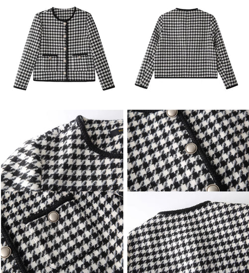 Women Houndstooth Tweed Boucle Blazer Jacket - Trendy Vintage Style Outfit| High Quality Superior Jacket