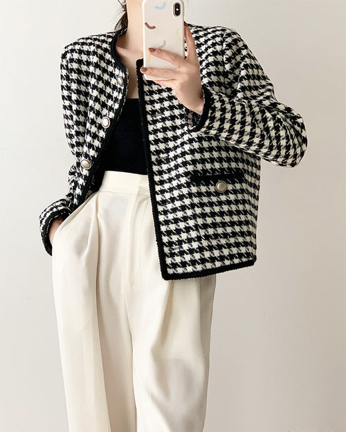 Women Houndstooth Tweed Boucle Blazer Jacket - Trendy Vintage Style Outfit| High Quality Superior Jacket
