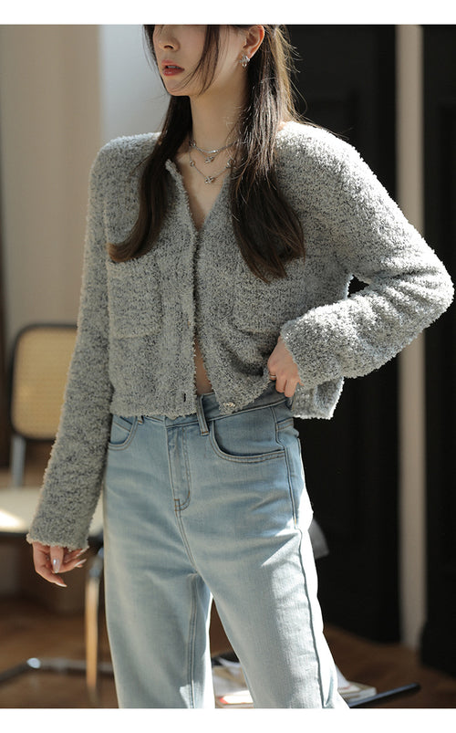 Women Elegant Scoop Neck Long Sleeves Cardigan Grey – Knitted Cotton w/ Notched Buttons Cardigan Tops Jacket | Classic Basic Fashion