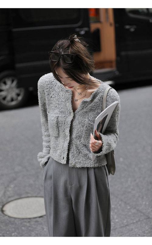 Women Elegant Scoop Neck Long Sleeves Cardigan Grey – Knitted Cotton w/ Notched Buttons Cardigan Tops Jacket | Classic Basic Fashion