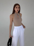 Women Sleeveless Crop Top - Sexy Off The Shoulder Backless Cropped Tops w/ Halter & Cut Out Neck  | Elegant Basic Fashion Piece