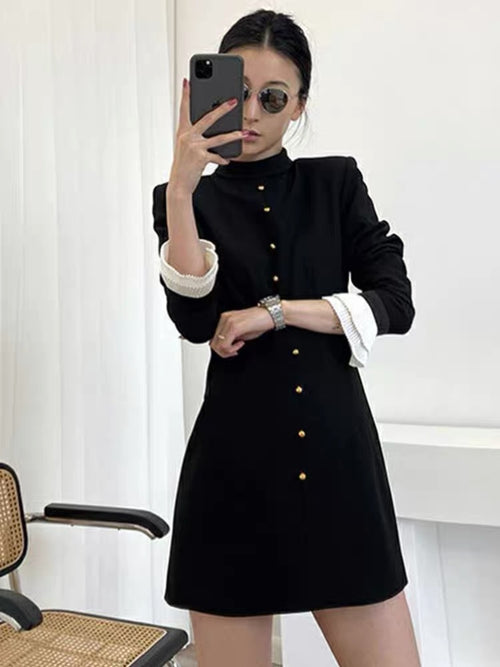 Elegant Women Flounce Sleeve Mini Dress - Cotton Mini Dress w/ Turtle Neck | Elegant Basic Fashion Piece
