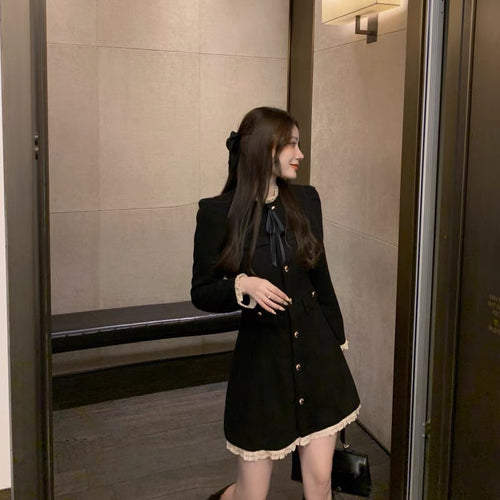 Elegant Women Long Sleeve Contrast Collar Mini Dress - Cotton with Tie Front