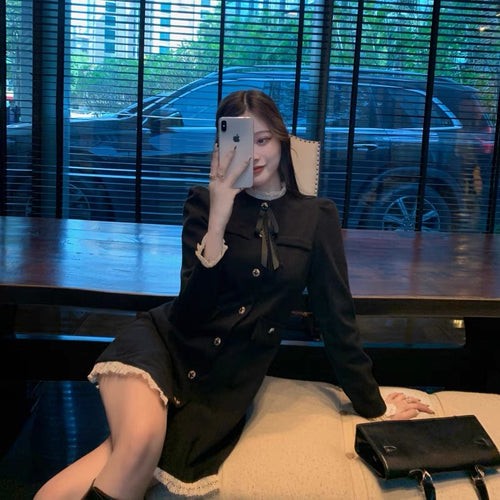 Elegant Women Long Sleeve Contrast Collar Mini Dress - Cotton with Tie Front