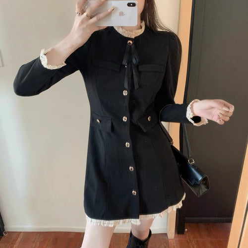 Elegant Women Long Sleeve Contrast Collar Mini Dress - Cotton with Tie Front