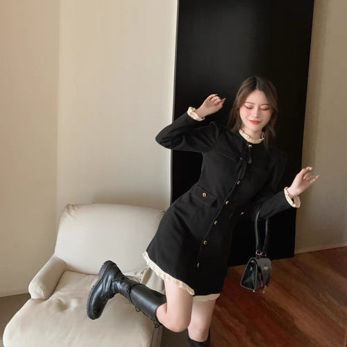 Elegant Women Long Sleeve Contrast Collar Mini Dress - Cotton with Tie Front