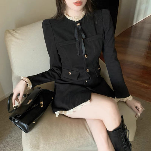 Elegant Women Long Sleeve Contrast Collar Mini Dress - Cotton with Tie Front