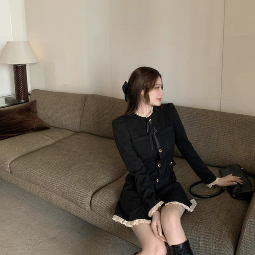 Elegant Women Long Sleeve Contrast Collar Mini Dress - Cotton with Tie Front