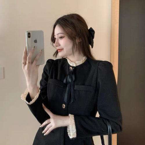 Elegant Women Long Sleeve Contrast Collar Mini Dress - Cotton with Tie Front