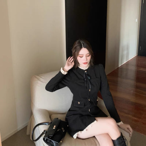 Elegant Women Long Sleeve Contrast Collar Mini Dress - Cotton with Tie Front