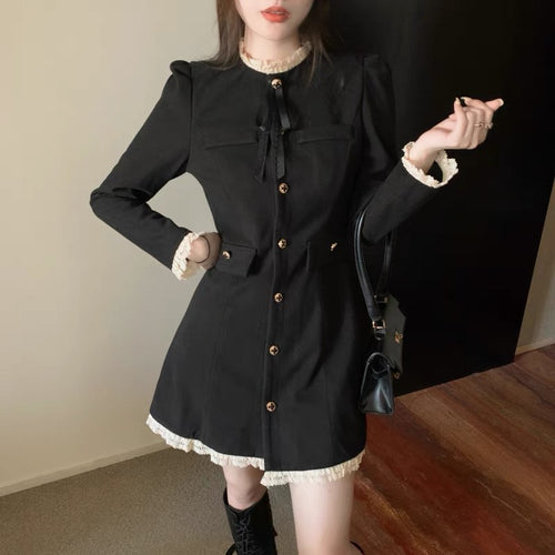 Elegant Women Long Sleeve Contrast Collar Mini Dress - Cotton with Tie Front