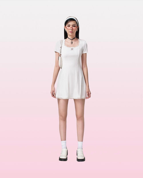 White Bow Mini Dress - She by Shj | Women Short Sleeve Mini Dress