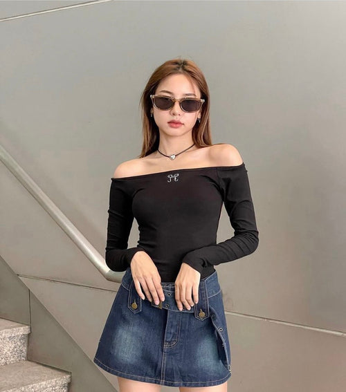 Black Long Sleeve Top - She by Shj | Women Off-Shoulder Top