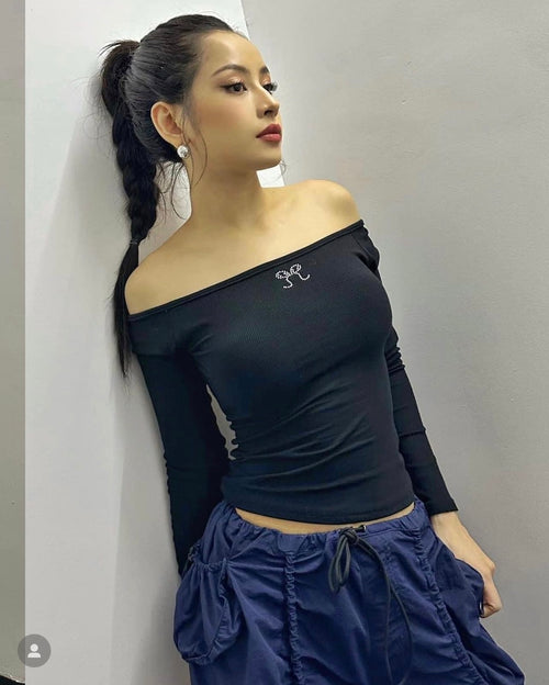 Black Long Sleeve Top - She by Shj | Women Off-Shoulder Top