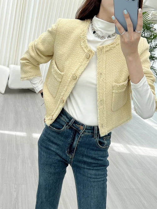 Elegant Boucle Tweed Blazer Jacket by Daisy Clothing - Trendy Vintage Style Outfit