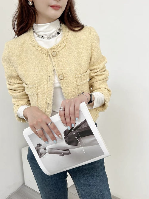 Elegant Boucle Tweed Blazer Jacket by Daisy Clothing - Trendy Vintage Style Outfit