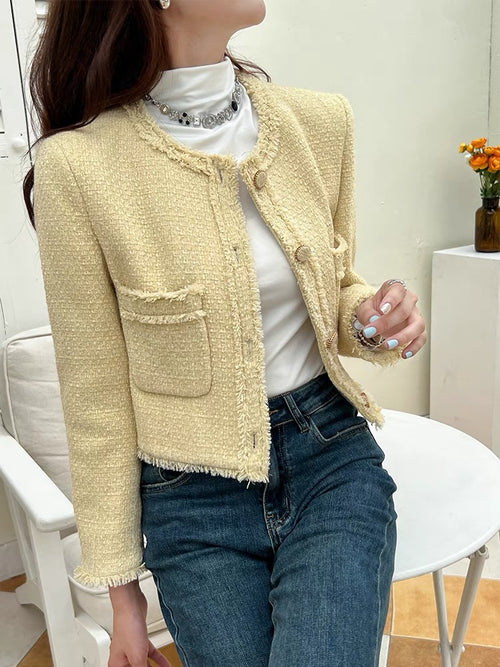 Elegant Boucle Tweed Blazer Jacket by Daisy Clothing - Trendy Vintage Style Outfit