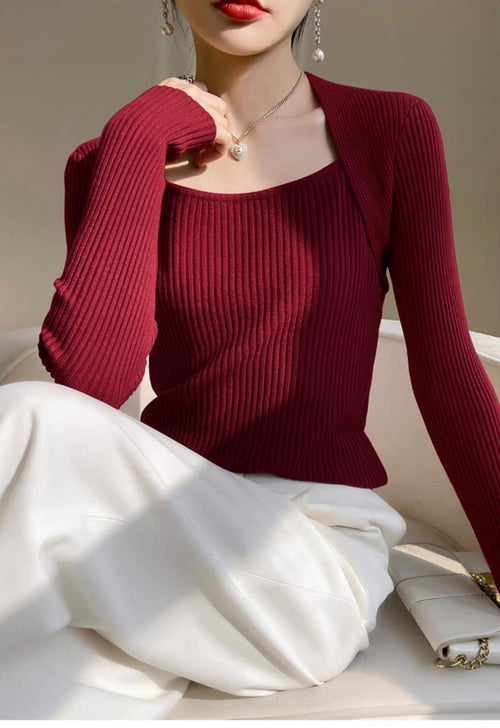 Elegant Square Neck Long Sleeves Top – Knitted Cotton Tops | Classic Basic Fashion Piece