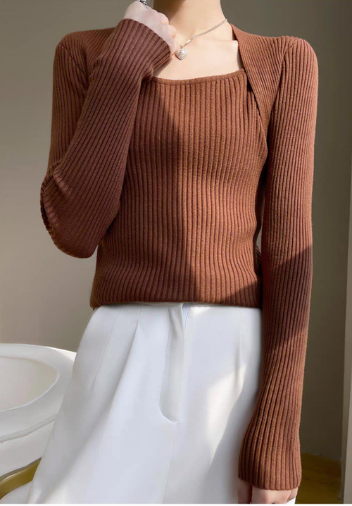 Elegant Square Neck Long Sleeves Top – Knitted Cotton Tops | Classic Basic Fashion Piece