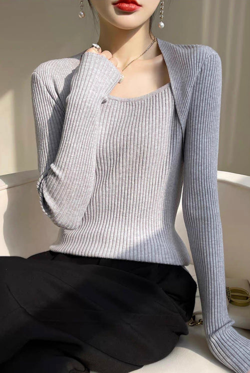 Elegant Square Neck Long Sleeves Top – Knitted Cotton Tops | Classic Basic Fashion Piece