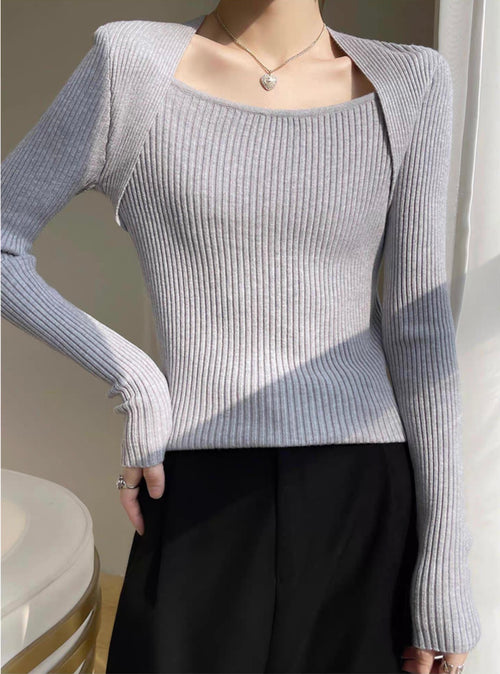 Elegant Square Neck Long Sleeves Top – Knitted Cotton Tops | Classic Basic Fashion Piece