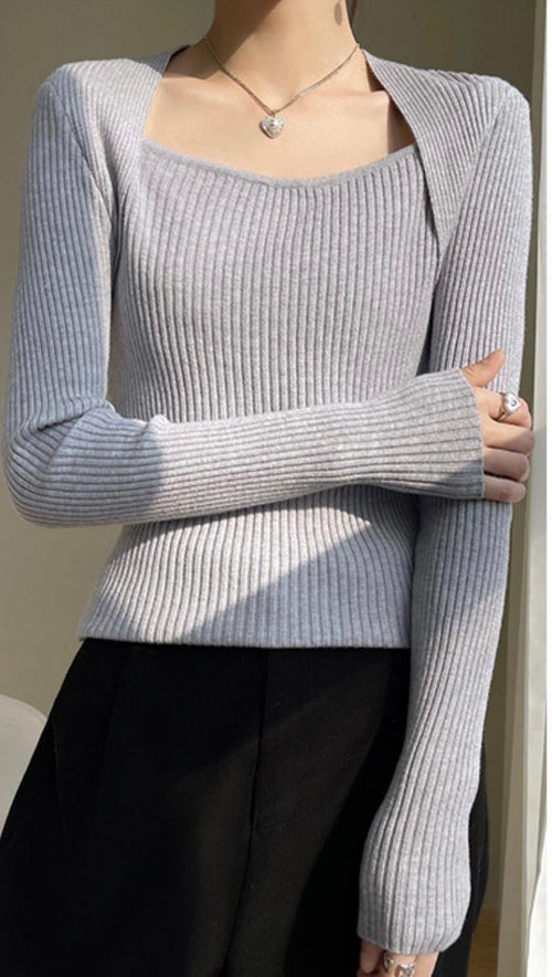 Elegant Square Neck Long Sleeves Top – Knitted Cotton Tops | Classic Basic Fashion Piece
