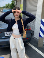 Women Elegant Round Neck Long Sleeves Cropped Cardigan – Knitted Cotton w/ Notched Buttons Cardigan Tops | Classic Basic Fashion Piece