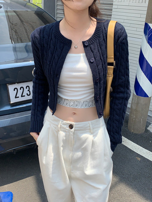 Women Elegant Round Neck Long Sleeves Cropped Cardigan – Knitted Cotton w/ Notched Buttons Cardigan Tops | Classic Basic Fashion Piece