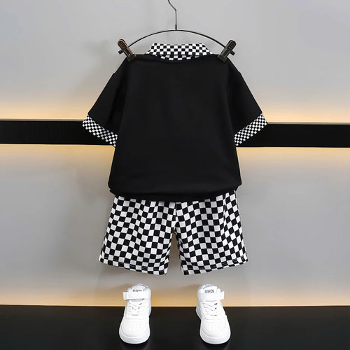 Abstract Geo Print Shirt & Shorts Set in Black