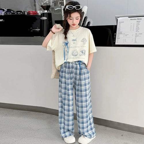 Girls Sketchy Graphic Tee & Plaid Culottes